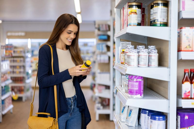 Happy Latin American woman buying nutritional supplements at the pharmacy and reading the label on the bottle