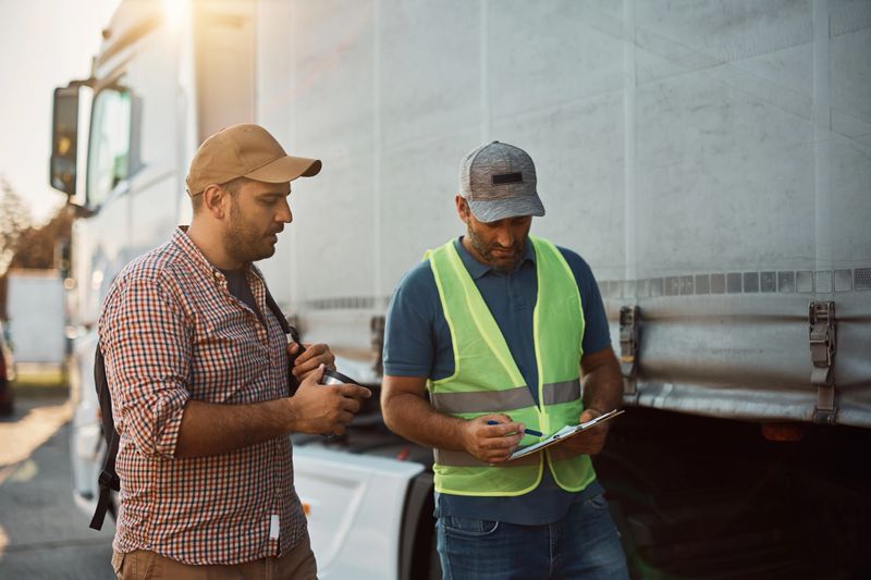 Young truck driver and his dispatcher analyzing shipment list on parking lot.