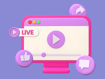 A colorful illustration of a live video stream interface with play, like, and comment icons.