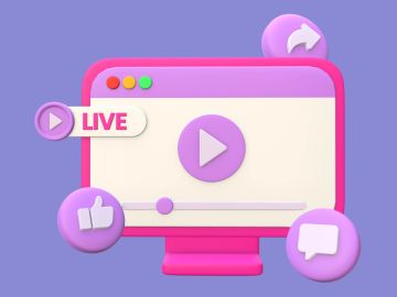 A colorful illustration of a live video stream interface with play, like, and comment icons.