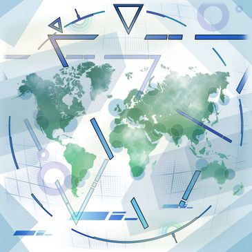 Abstract world map with digital and geometric overlays in blue and green tones.