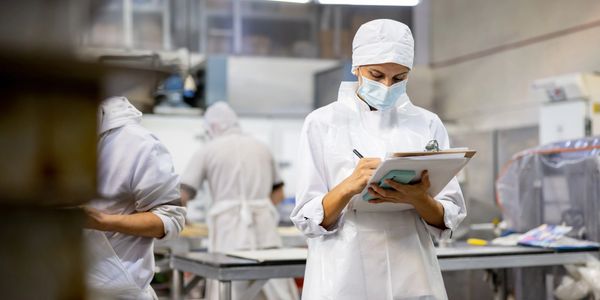 Worker in protective clothing taking notes in a clean industrial facility.