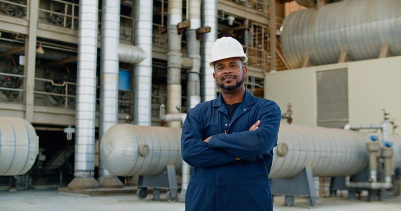 Portrait of a middle aged Black man wearing coveralls and a hard hat standing in front of a natural gas fired power station.