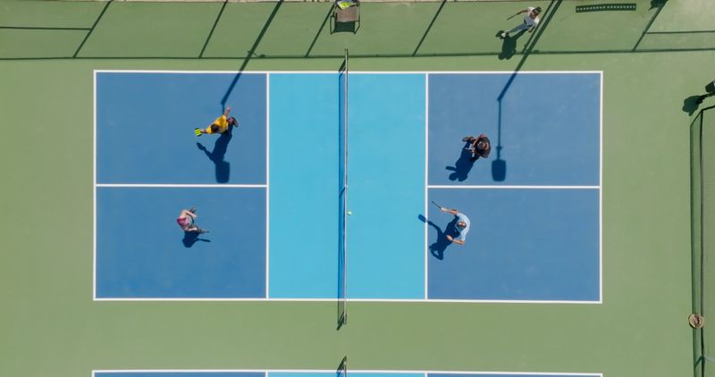 Top down drone shot of a group of people playing a doubles game of pickleball.