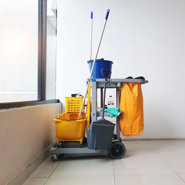Cleaning cart with mops, buckets, and trash bag in a bright hallway.