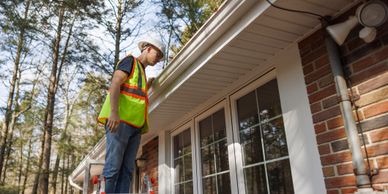 A worker in a safety vest inspecting a house exterior.