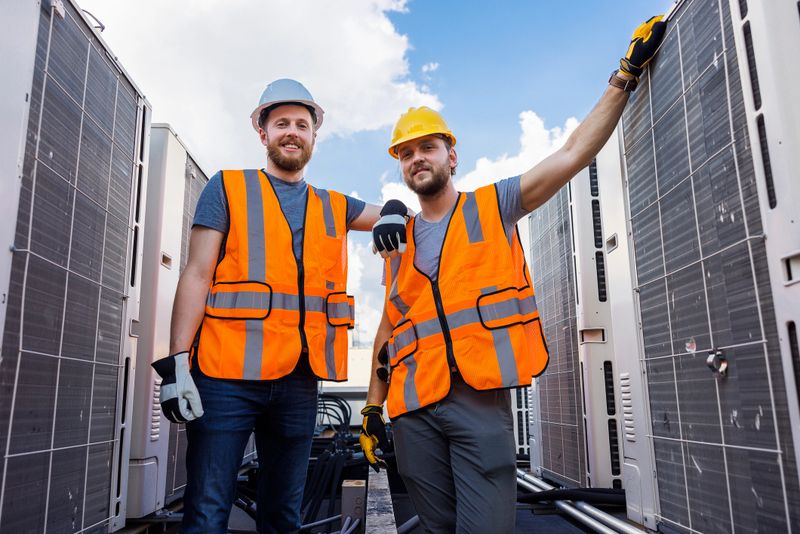 Rooftop air conditioning system inspection. Caucasian white workers check units and log the result with a portable computer.