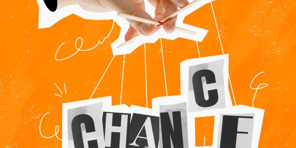Hands controlling letters spelling 'CHANGE' like a puppet on strings.