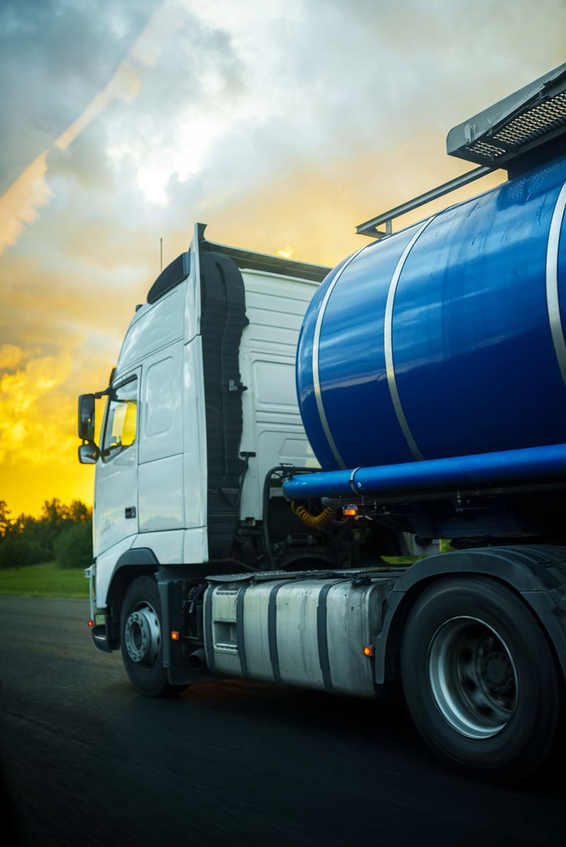 Truck with a tank of petroleum products is driving along the highway.