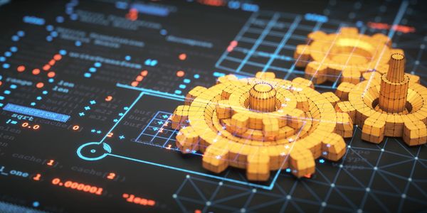 3D orange gears with digital coding and schematic overlays on black background.