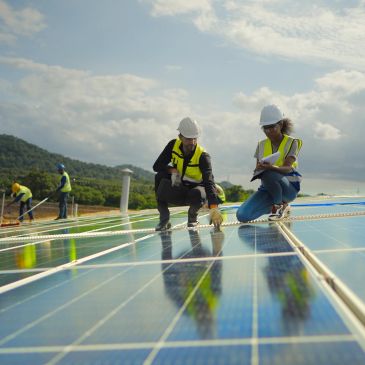 Technicians inspecting solar panels outdoors.