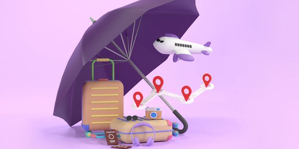Travel essentials with umbrella, suitcase, and airplane on a purple background.