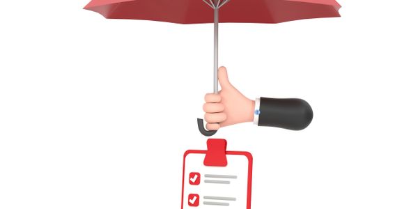 Hand holding red umbrella over checklist, coins, and cash stacks symbolizing financial protection.