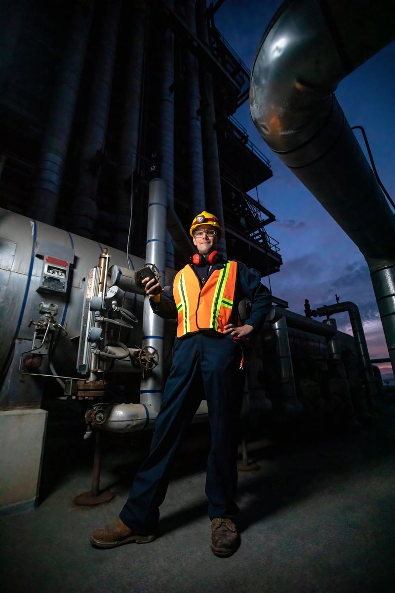 Portrait of a power plant operator wearing coveralls, had hat, high vis vest, and safety glasses working at night.