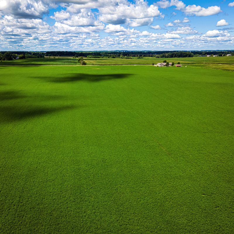 A cloudy blue sky extends to the horizon with a massive farm field below surrounded by a rural area in Wisconsin.