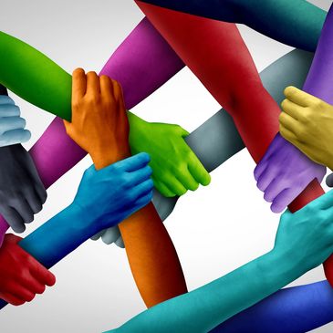 A series of hands linking with each others arms 