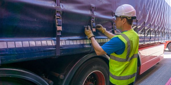Worker securing tarp on a truck with safety gear.