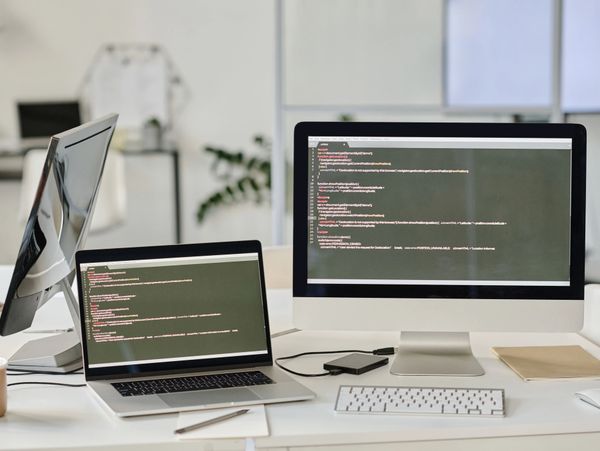Two computers displaying geolocation JavaScript code in a modern workspace.