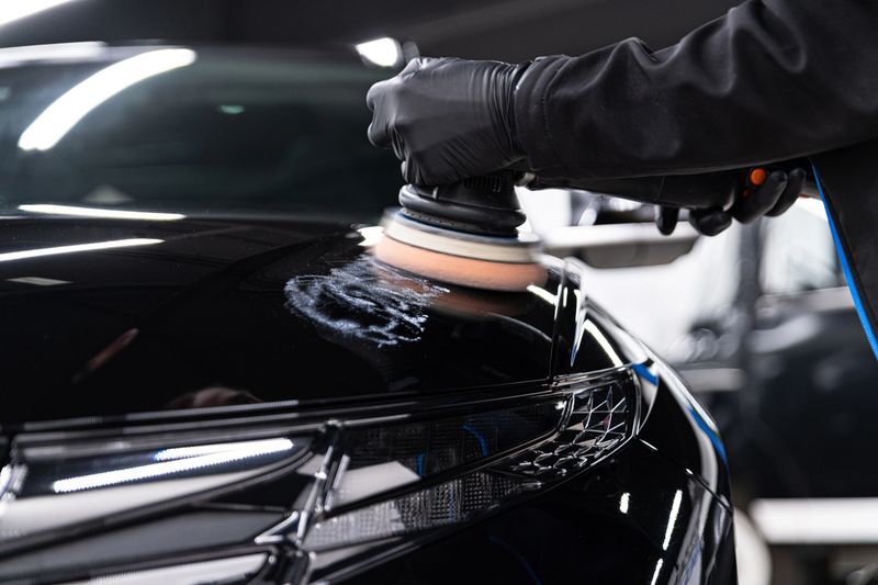 Man worker of car detailing studio removing scratches on car varnish with eletric polisher