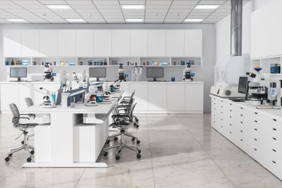 Modern, well-equipped laboratory with microscopes and computers.