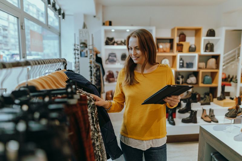 Young businesswoman owner of a sustainable clothing retail store using a digital tablet and taking inventory