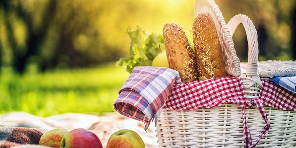 Picnic basket with bread and apples in a sunny park.