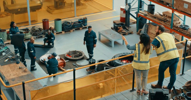 Managers at a manufacturing warehouse factory watching workers, industrial employees and laborers inside workshop. Male and female supervisors in a large industry manufacture store building top view