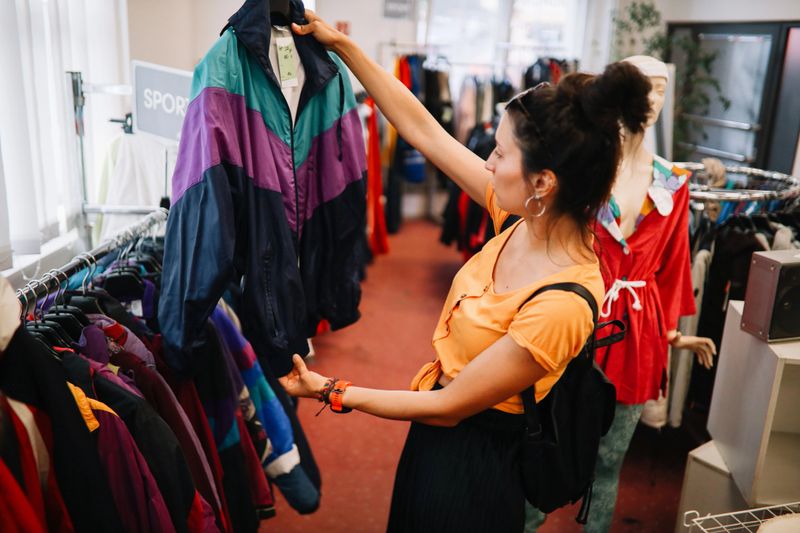 Woman trying out clothes in a second hand shop.