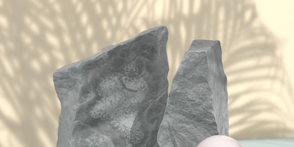 Two gray stones and a white shiny sphere on a light surface with palm shadows.