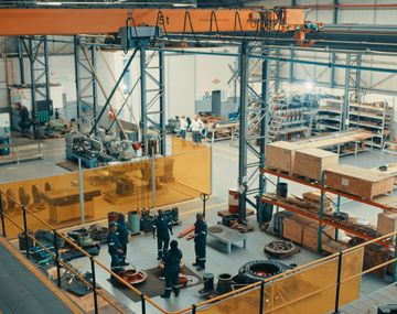 Workers in an industrial workshop surrounded by machinery and tools.