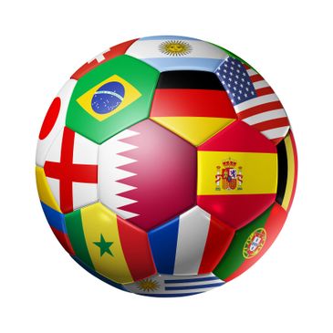 A soccer ball decorated with various national flags.