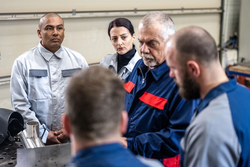 Group of people standing side by side around work desk and listening instructor. Training of employees on site. People working in engineering industrial production.