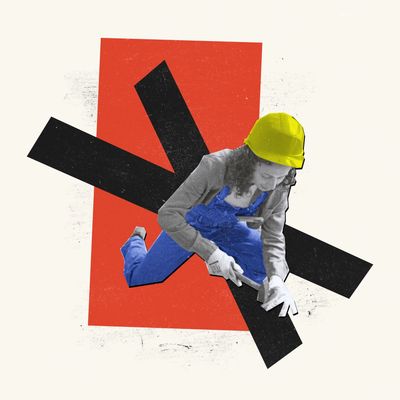 Collage of a female worker in blue overalls and yellow helmet on abstract shapes.