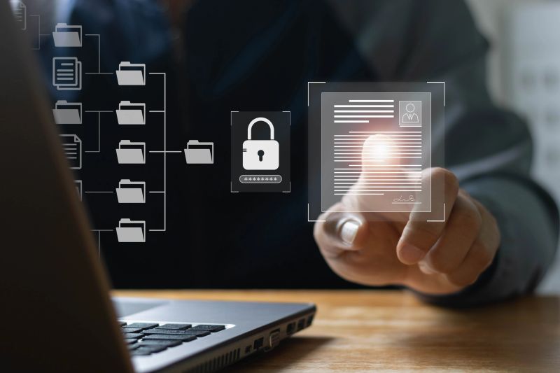 Business people use laptops to access information in online documents. through the protection system. Document Management System (DMS), online documentation database, digital file storage system.