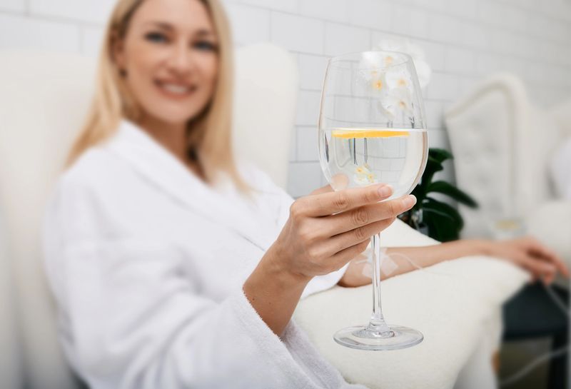 Beautiful woman with glass of refreshing lime drink during intravenous detox therapy with IV drip Infusion. Detox treatments at spa