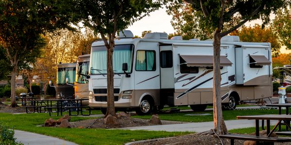 Motorhomes parked in a scenic campsite with picnic tables and trees.