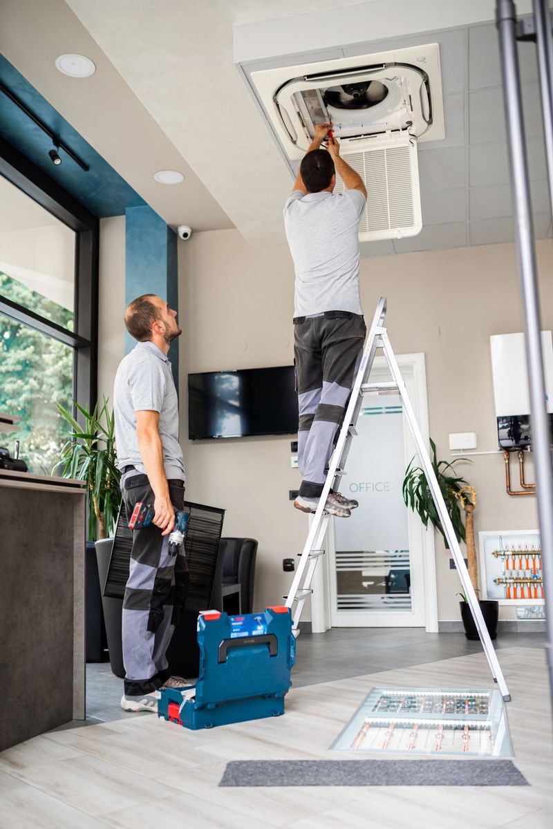 workers install air conditioning workers