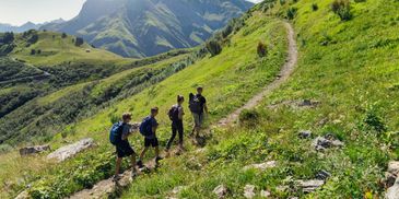 Group trekking on a mountain trail.