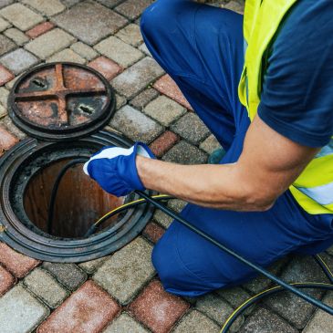 Worker inspecting a manhole with a cable.
