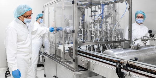 Workers in protective gear operate a sterile pharmaceutical production line.