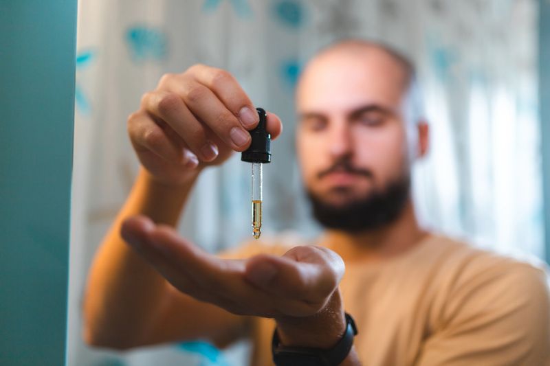 A close-up of a bald young man applying beard oil with a dropper.