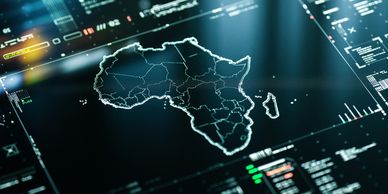 Digital map of Africa with country borders on a futuristic interface.