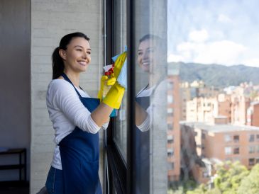 Woman cleaning glass window with a smile.