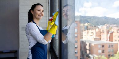 Woman cleaning a large window with a smile.