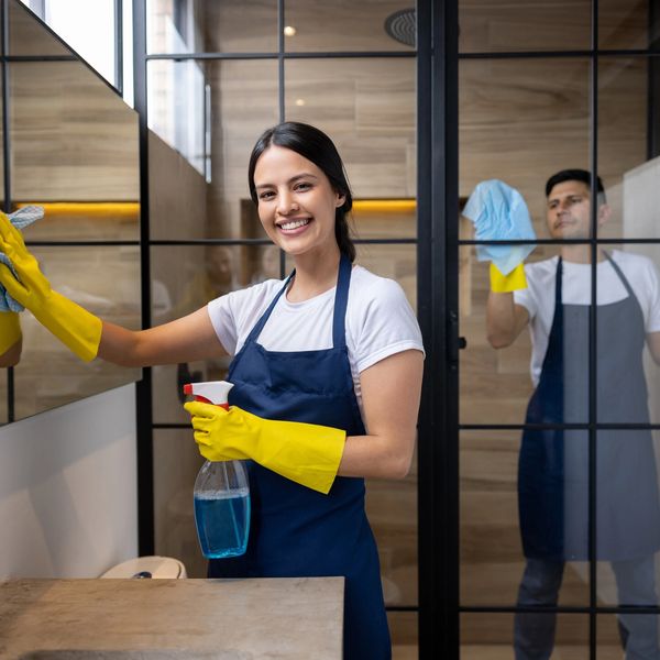 Two people cleaning glass panels, wearing yellow gloves and aprons.