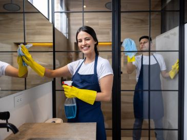 Woman cleaning a glass window with gloves and spray.