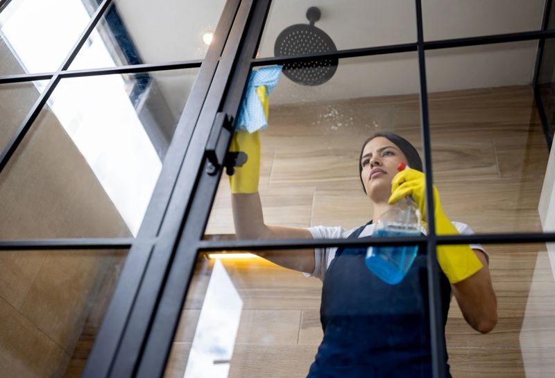 Beautiful Latin American cleaner cleaning the glass door in the bathroom - domestic life concepts