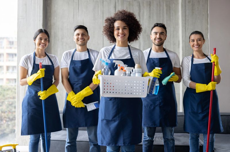Team of professional Latin American cleaners working at an apartment and looking at the camera smiling - housework concepts
