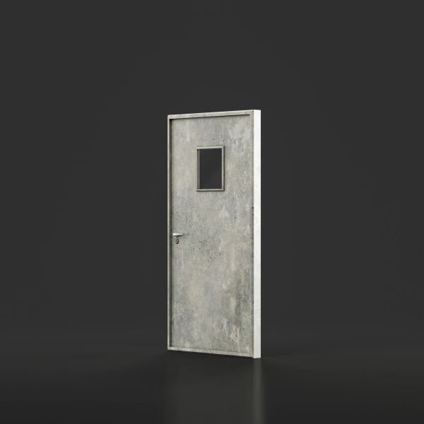 A weathered metal door with a small window on a dark background.