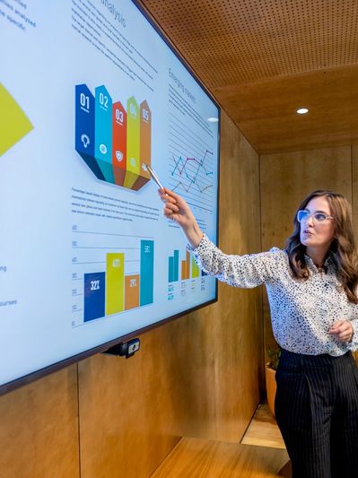 Woman presenting colorful business charts on a large screen in a conference room.